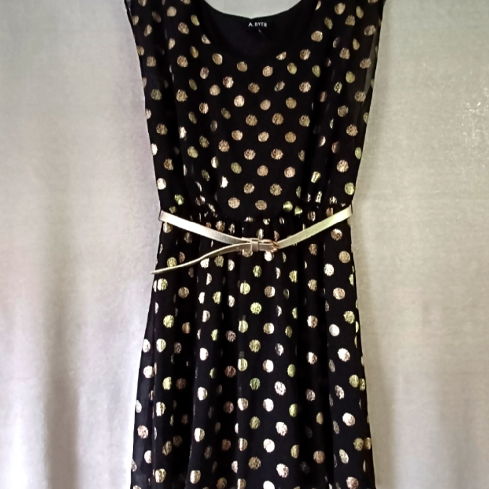 A. Byer Women Black/Gold Glitter Polka Dot Skater Mini Dress With Belt Size M